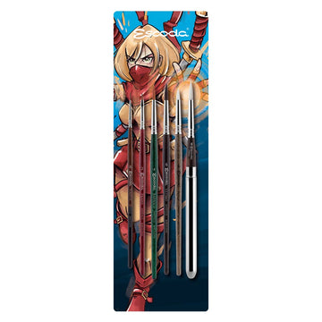 A set of Escoda synthetic brushes for illustration, displayed in a line with a colorful comic-style character illustrated on the packaging.