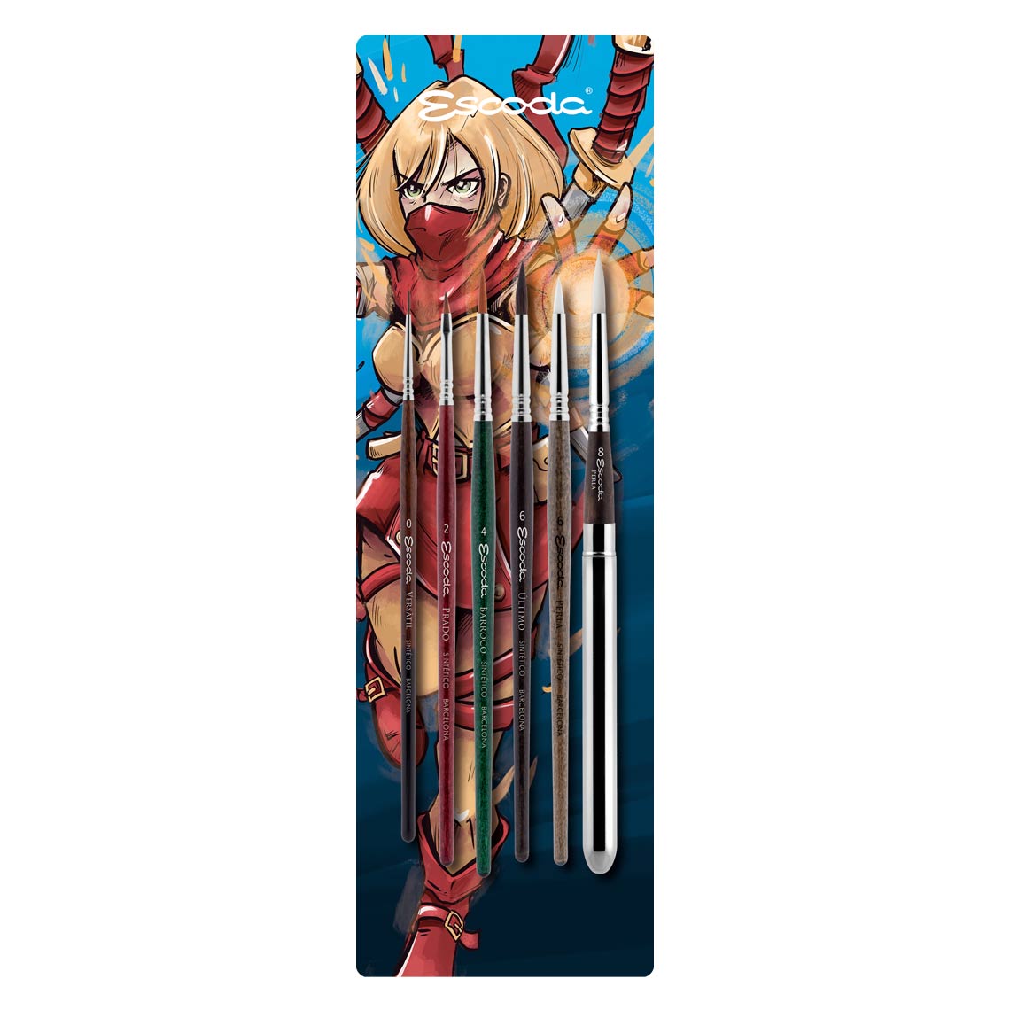 A set of Escoda synthetic brushes for illustration, displayed in a line with a colorful comic-style character illustrated on the packaging.