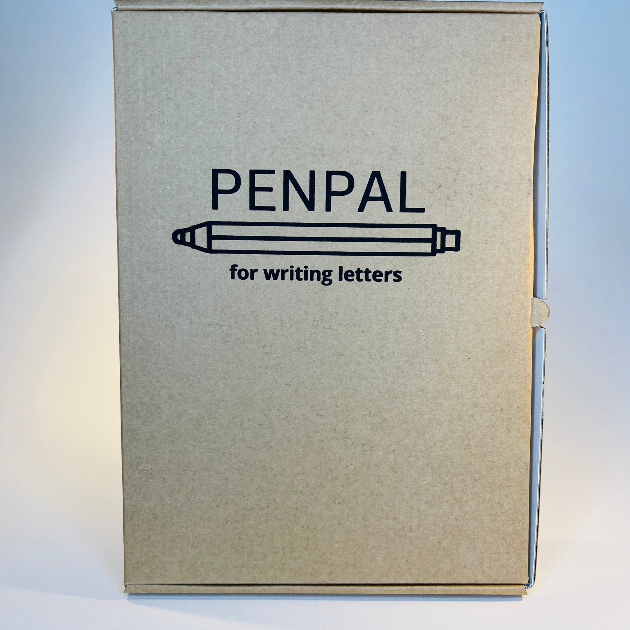 Cardboard box with "PENPAL" logo and pen drawing.