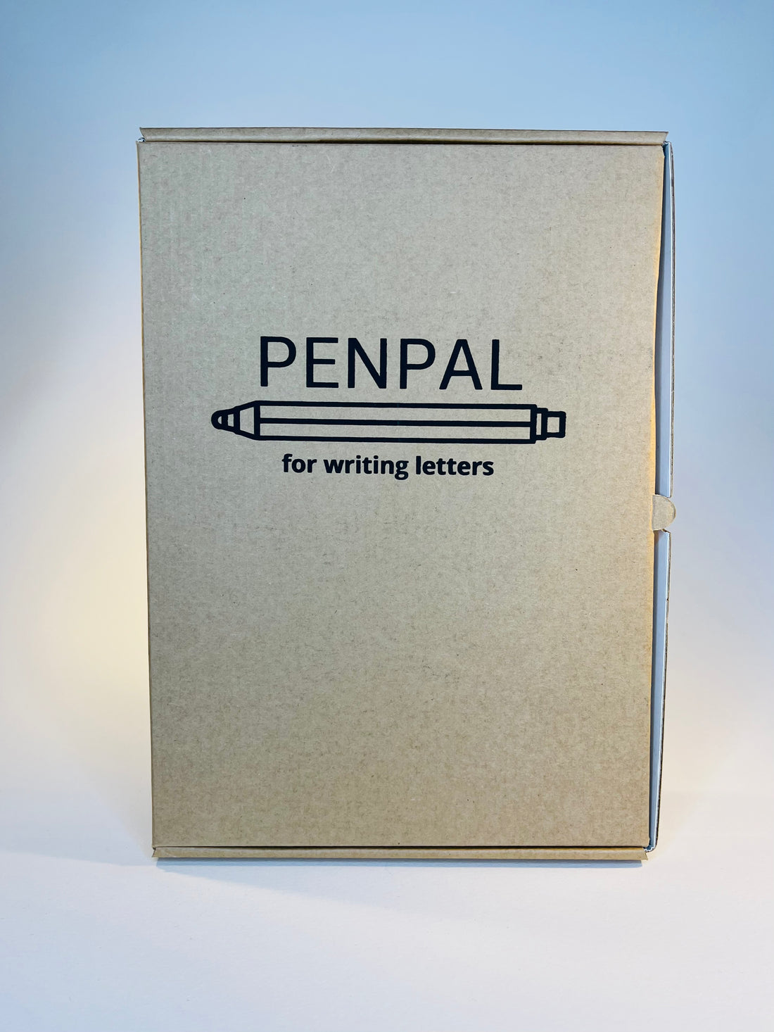 Cardboard box with "PENPAL" logo and pen drawing.