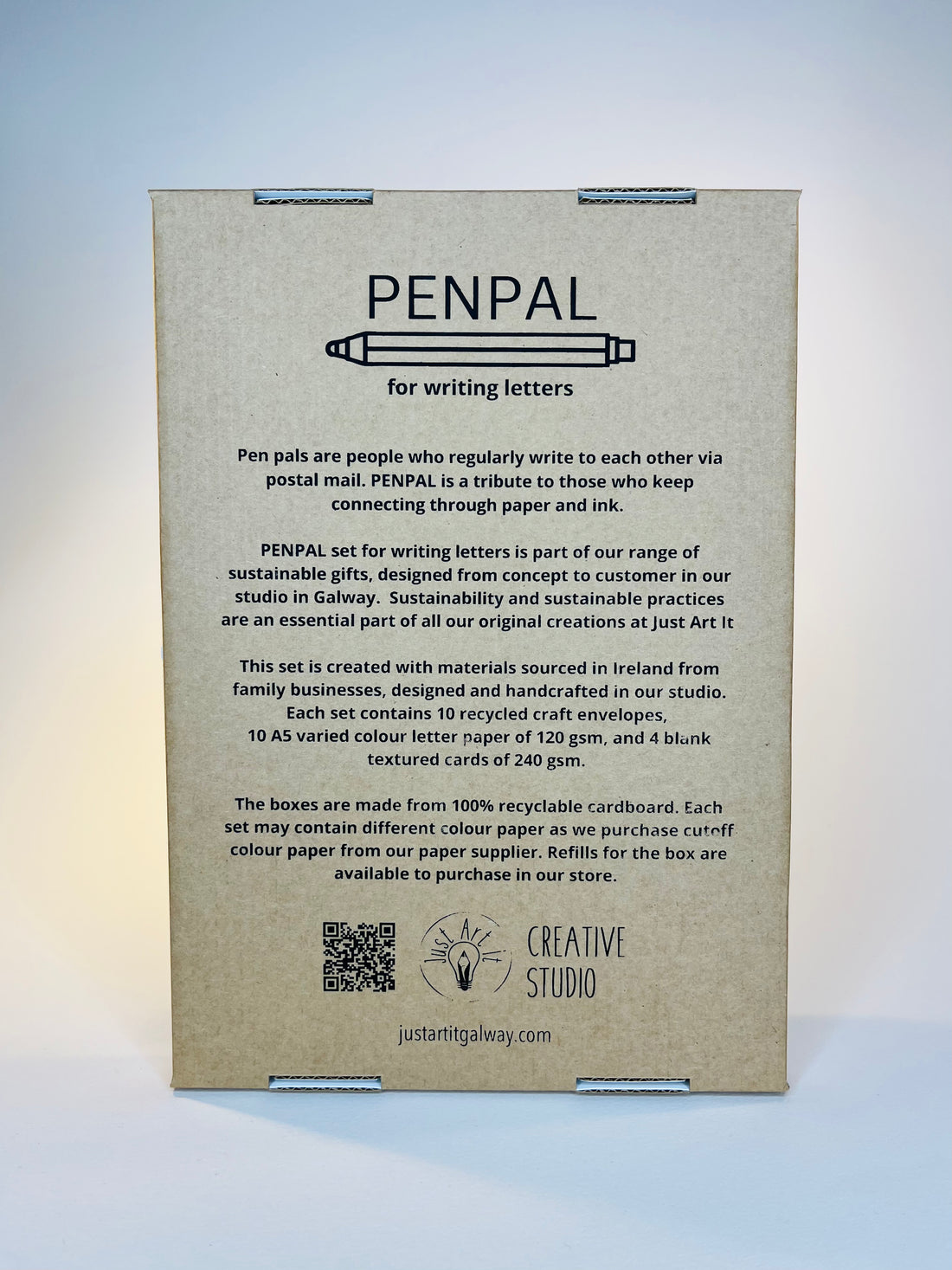 Cardboard box with "PENPAL" logo and pen drawing.