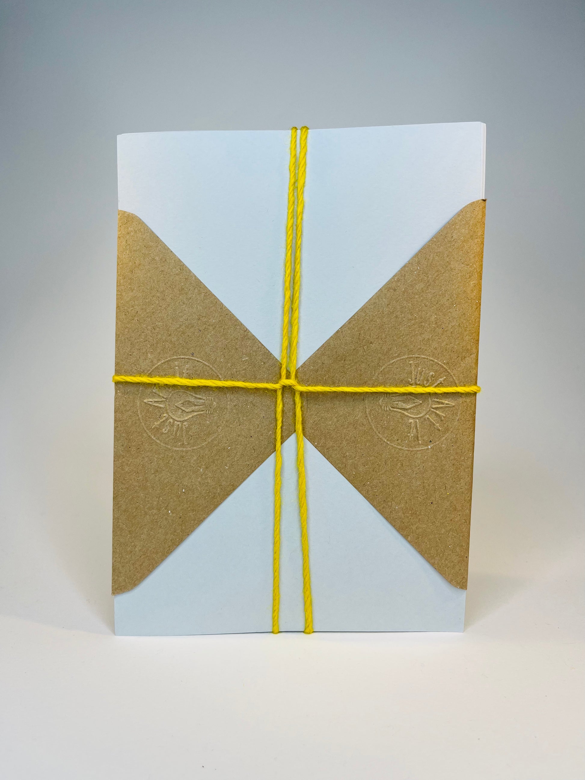 Square white box with brown triangular flaps, tied with yellow string.